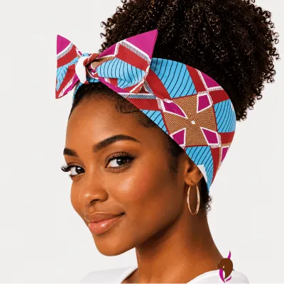 Femme noire portant bandeau wax bleu/jaune avec cheveux naturels