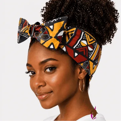 Femme noire portant un bandeau wax marron/jaune – cheveux naturels