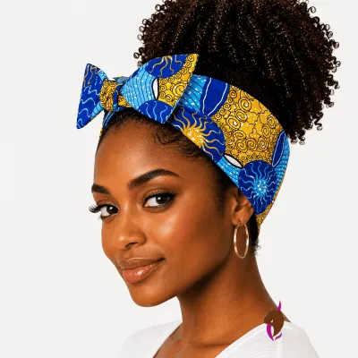 Femme noire bandeau wax bleu/jaune – coiffure cheveux naturels lâchés